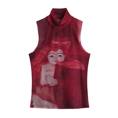 Tie Dye Mesh High Neck Hand Painted Printed Women Top  Summer Fashion Sleeveless Slim T Shirt Lady Holiday Beach Style Tops