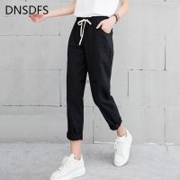 New Women Casual Harajuku Spring Autumn Big Size Long Trousers Solid Elastic Waist Cotton Linen Pants Ankle Length Haren Pants