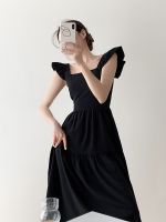 【HOT】 2023 summer black square collar suspender dress womens ruffled Hepburn style thin A-line with flying sleeves