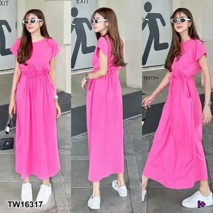 Garden Clothes ชุดเดรส เดรสทรงปล่อย คอกลม แขนล้ำ แต่งเชือกรูดเอว สีชมพู