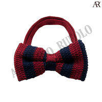 ANGELINO RUFOLO Bow Tie(โบว์หูกระต่าย) ไหมพรมโพลีเอสเตอร์คุณภาพเยี่ยม ดีไซน์ Stripe Knit สีเลือดหมู-สีกรมท่า