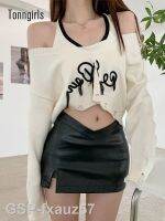 ฮอทเทบูติค☁เสื้อยืด Y2k สไตล์กรันจ์สำหรับผู้หญิงเสื้อสองชิ้นแบบลายฉลุสำหรับเสื้อแบบหลวมถัก