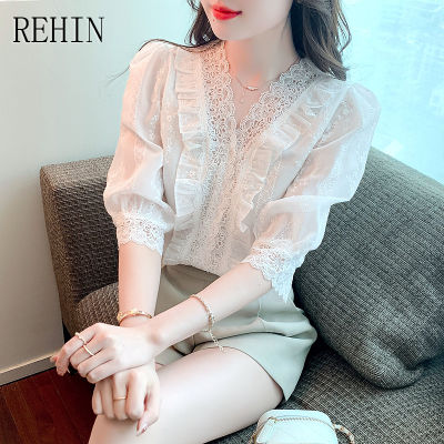 REHIN เสื้อคอวีแขนสั้นสำหรับผู้หญิง,เสื้อคอวีผ้าชีฟองแขนพองลูกไม้สำหรับฤดูร้อนของสไตล์เกาหลีแบบใหม่