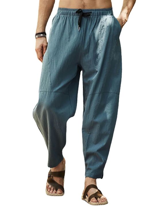 ผู้ชายฤดูร้อนใหม่กางเกงลำลองหลวมระบายอากาศผ้าฝ้ายผ้าลินินกางเกง-drawstring-สบายสีทึบกางเกงฟุตขนาดเล็ก