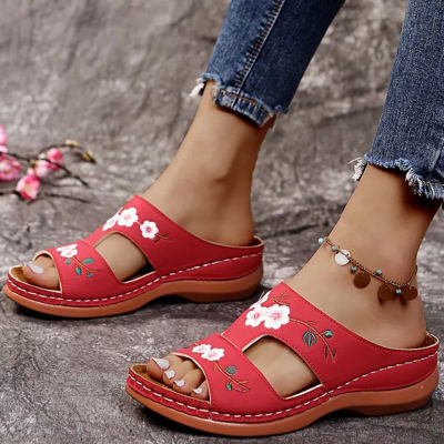 Casual Beach Female Sandalias Leather Flower Embroidered Vintage Casual Soft footbed Orthopedic Arch-Support Sandals