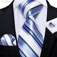 ❈ New Classic 8cm Wide Mens Blue White Striped Silk Ties Set Business Wedding Tie Pocket Square Cufflinks Gifts For Men DiBanGu