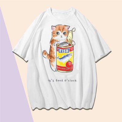 cat tshirt MUUNIQUE T-shirt เสื้อยืด รุ่น  T Shirt Hip Hop Cat and Fish Can Pattern Short Sleeve Round Neck T Shirts