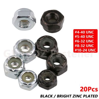 20pc UNC 4-40 6-32 8-32 10-24 Hexagon Nylon Insert Lock Nut Self-locking Hex Nyloc Nut Black/Bright Zinc Plated Carbon Steel