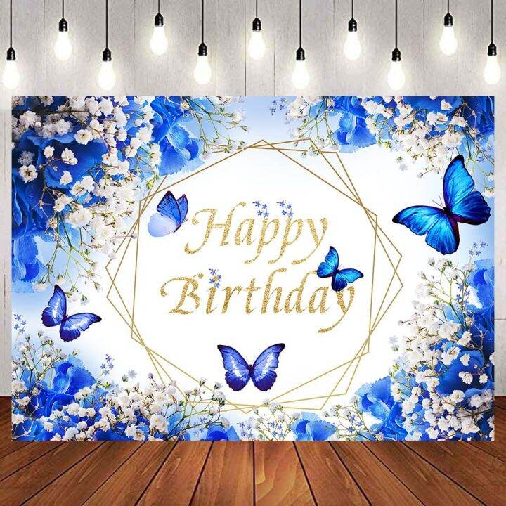 7x5ft Royal Blue Butterfly Photography Backdrop Happy Birthday Floral