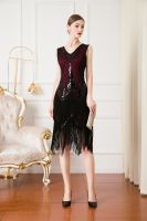 ZZOOI Angel-fashion Womens Elegant 1920s V-Neck Flapper Gatsby Cocktail Dress Midi Formal Evening Party Gown Vintage Fringed Dresses