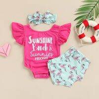 FOCUSNORM 3pcs Baby Girls Summer Clothes Sets Letter Print Flying Sleeve Romper + Flamingo Pattern Shorts + Headband 0-18M  by Hs2023