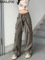 【CW】 Pants Couples Harajpoo Bandage Pockets Streetwear Loose Straight Waist Wide Leg 2022 Trousers