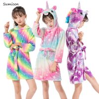 Kigurumi Unicorn Hooded Children Bathrobe Baby Bath Robe Animal Flannel Bathrobes For Boys Girl Pyjamas Nightgown Kids Sleepwear