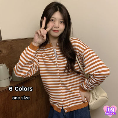 🎴MYF มาใหม่🎴เสื้อไหมพรมแขนยาวกระดุมหน้าลายทาง 6 สี คอกลม