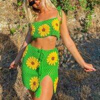 ☇ Frauen Outfits Sommer Gestrickte Anzug Floral Crochet Crop Cami Top Hohe Taille Split Rock Strand Urlaub Y2K Zwei Stück set