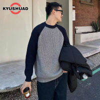 KYUSHUAD เสื้อสเวตเตอร์แขนแร็กแลนสีแฟชั่นของผู้ชาย,เสื้อกันหนาวคอกลมเสื้อซับในอบอุ่นลำลองถักหนา