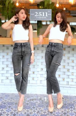 New arrival สินค้าใหม่ 2511 Vintage Denim Jeans by Araya กางเกงยีนส์ ผญ กางเกงแฟชั่นผู้หญิง กางเกงยีนส์เอวสูง กางเกงยีนส์ทรงบอย ผ้าไม่ยืด สีดำสโน