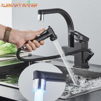 Caldwelllj Kitchen Sink Faucet LED Black Deck Mounted Flexible Pull Out Mixer Tap Hot Cold Spring Spout Chrome