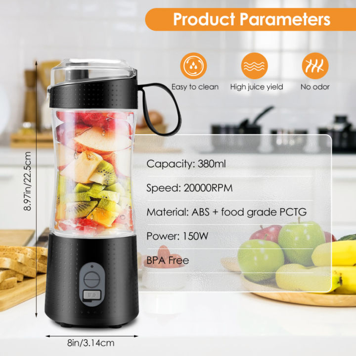 Portable Blender Cup,Electric USB Mini Juicer Blender For Shakes and  Smoothies, Juice,380ml, Six Blades Great for Mixing,Black