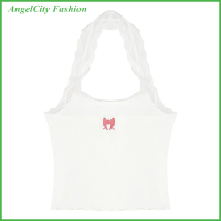 AngelCity Fashion Store เสื้อกล้ามเชือกแขวนคอลูกไม้สำหรับผู้หญิงเสื้อสายเดี่ยวปักโบว์แขนกุดเข้ารูปสำหรับฤดูร้อน