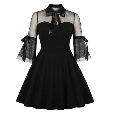 ผู้หญิง Gothic Bell แขนสีดำ Swing ชุดสั้นเซ็กซี่ดูผ่านตาข่าย Patchwork Vintage Bow Knot ค็อกเทล Clubwear