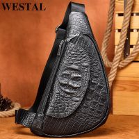 WESTAL Croco กระเป๋าสะพายข้างสำหรับผู้ชาย,กระเป๋าสะพายข้างสำหรับหนังแท้สำหรับผู้ชายกระเป๋าสะพายไหล่แฟชั่นสำหรับท่องเที่ยวกลางแจ้งกระเป๋าคาดอก/แพ็ค698