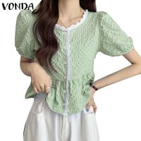 Vonda เสื้อเชิ้ตลําลอง คอกลม แขนสั้น แขนพัฟ แต่งลูกไม้ สีพื้น สไตล์เกาหลี สําหรับผู้หญิง dpo