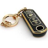 for Mazda Key Fob Cover Soft 3 4 Buttons TPU Protection Car Key Case Shell with Fashion Gold Bling Keychain Compatible with Mazda 3 6 8 Miata MX-5 CX-3 CX-5 CX-7 CX-9 Smart Remote Keyless