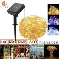 ไฟประดับ LED 100ดวงสำหรับกันน้ำสวนกลางแจ้ง Lampu Tenaga Surya บนถนนสนามหลังบ้านโคมไฟลวดทองแดง22ม. สีสันอบอุ่นสีขาวประหยัดพลังงาน