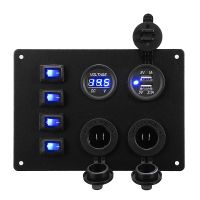 Waterproof 4 Gang Marine Boat Rocker Switch Panel 3.1A Dual USB Slot Socket Digital Voltage Display Switch Panel Kit