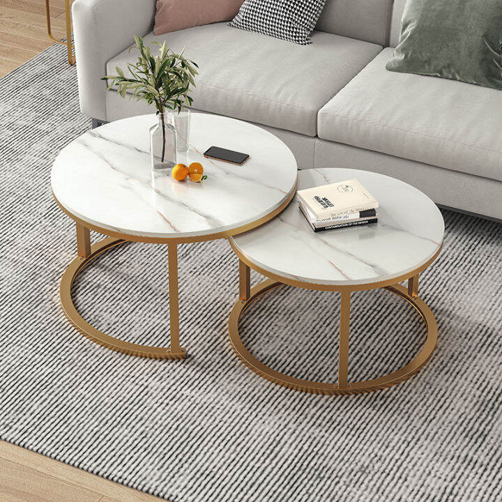 Modern coffee table, round metal center table, double layer, living ...