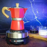 set (Kamping) สีแดงสด เตาไฟฟ้า และ หม้อต้มกาแฟ  150 ml. moka pot สไตล์อิตาลี หม้ออลูมิเนียม แปดเหลี่ยม เครื่องชงกาแฟ หม้อกาแฟ