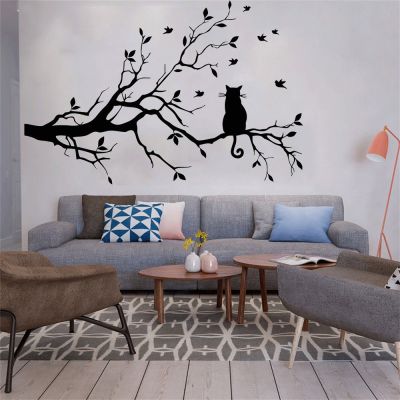 ✘✸ Cat on a tree branch wall sticker Living room sofa background bedroom home decoration art Decals wallpaper Hand carved stickers