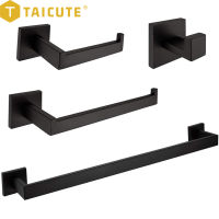 TAICUTE Black Bathroom Accessories Sets 4 Wall Mounted Towel Bar Robe Hooks Toilet Paper Roll Holder Stainless Steel Hardware