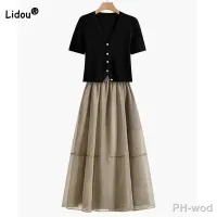 【LZ】卐✿▬  Moda Cor Sólida Decote Em V Botão Tops Verão Manga Curta Coreano All-match Casual Saia de Cintura Alta de duas peças Roupas Femininas