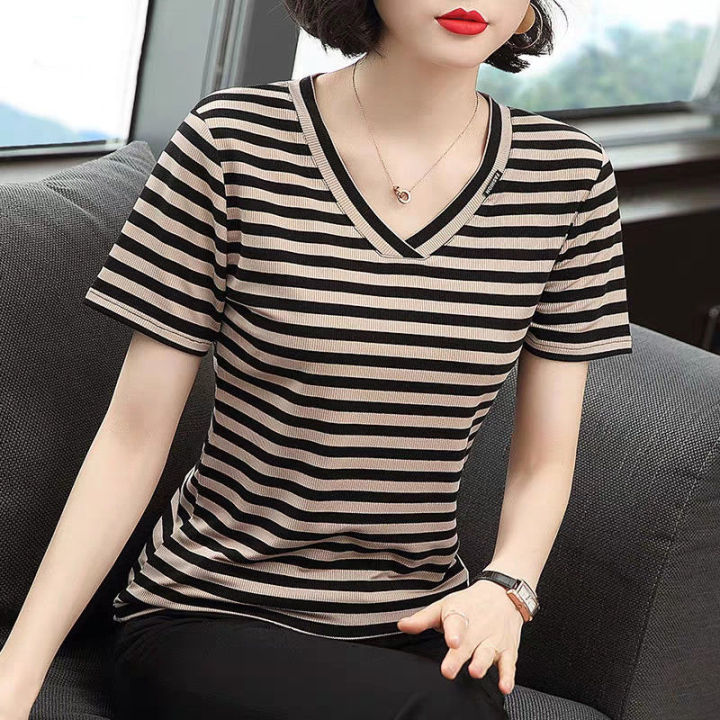 2021 Summer New Style Striped Short-Sleeved T-Shirt Women V-Neck Fat Mm  Korean Version Loose Wild Large Size Compassionate Shirt For Women | Lazada