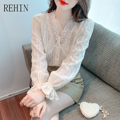 REHIN เสื้อลูกไม้แขนยาวผ้าชีฟองคอวีสำหรับผู้หญิง,เสื้อลูกไม้น่ารักแบบใหม่ฤดูใบไม้ผลิ