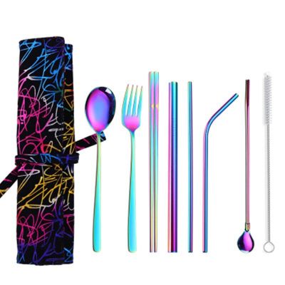 9pcs/lot Tableware mental  Straw Travel Cloth Bag 304 Stainless steel Chopsticks Fork Spoon Knife Set Cutlery wholesale Flatware Sets