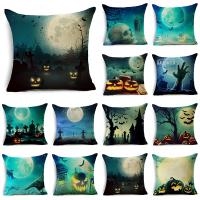 Happy Halloween Pumpkin Lantern Moon Graveyard Blue Linen Throw Pillowcase Decorative Cushion Cover For Sofa Living Room Party