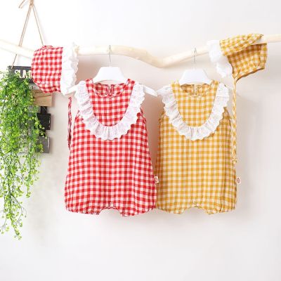 [COD] 2022 summer baby plaid lace sleeve one-piece romper bag fart with hat