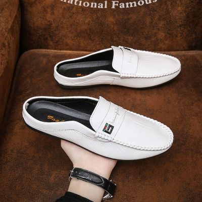 ✜ Peas Shoes 2022 New Style Mens Half Slippers Summer Breathable Lazy One-Step Toe Cap No Heel Leather