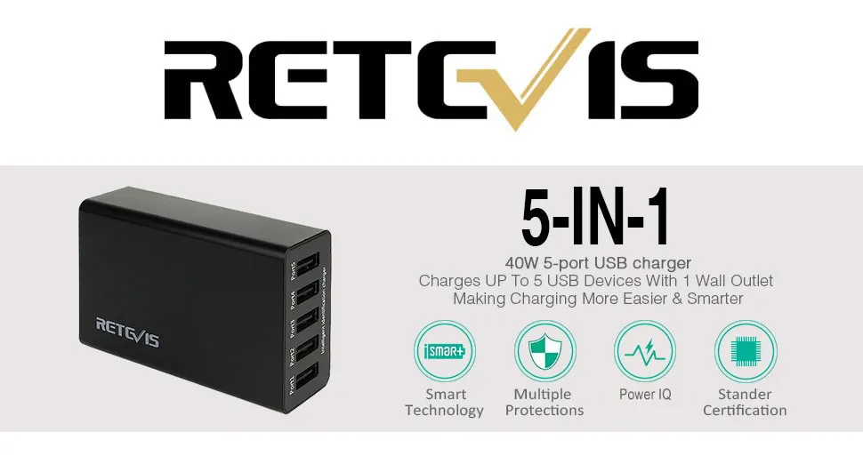 Retevis Bộ sạc vô tuyến sạc tường USB 5 cổng cho iPhone Xs Max XR Galaxy S9  Edge FM Radio Baofeng Cobra HYT Radio 2 chiều và hơn thế nữa (1 Gói) |  