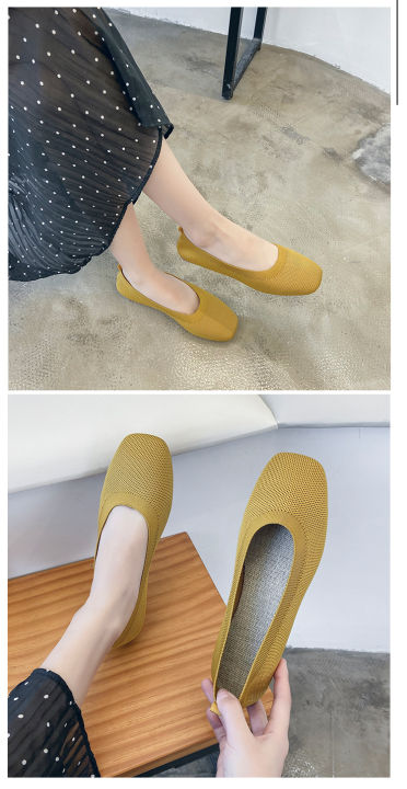 dikodumter-รองเท้าผู้หญิงนุ่มพื้นรองเท้าถัก-sepatu-slip-on-เด็กผู้หญิงสีทึบรองเท้าแฟลตหัวตัด