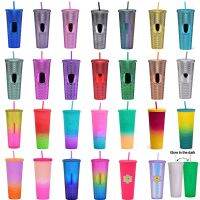 【YP】 Double-layer plastic straw cup large-capacity creative 710ml durian tie-in luminous color-changing rainbow gradient