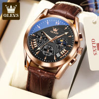 OLEVS 2876 Genuine Leather Band Sport Men Wristwatch Quartz Waterproof Watches For Men Luminous Moon Phase Chronograph Calendar Small Second hand