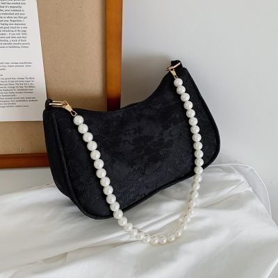 ♤ Vintage Women Shoulder Bag Jacquard Lace Flower Solid Color Pearl Chain Underarm Handbag Female Storage Travel Tote