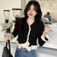 Chiffon Shirt Women Korean Style Fashion V Neck Blouse Long Sleeve Elegant Cropped Black Top