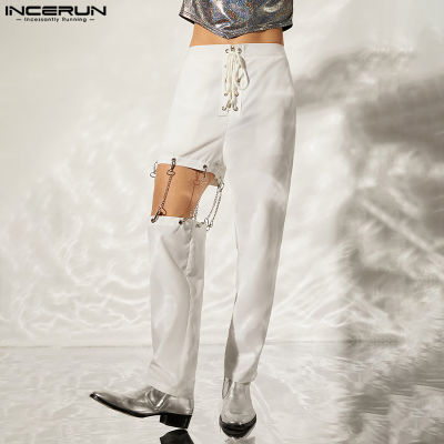 กางเกงขายาวพังค์ซีทรูสำหรับผู้ชาย INCERUN กางเกงขายาวทรงฮาเร็มคาร์โก้ (สไตล์ตะวันตก)