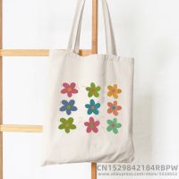 【Lanse store】Retro Flower Power Y2K Floral Women Canvas Tote Bag Girl Reusable Shopper Foldable Ecobag Aesthetic Student Book Handbags