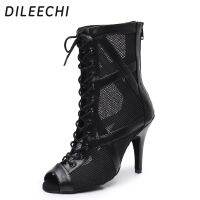 DILEECHI Latin Dance Boots Shoes Women Lace Mesh Leather Salsa Party Ballroom Dancing Shoes High Thin Heel 10Cm Soft Outsole